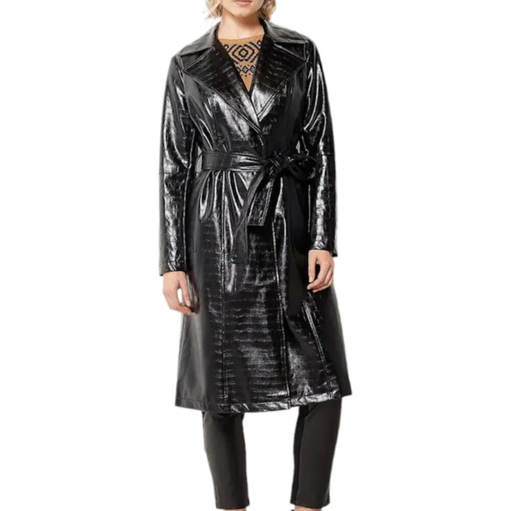 J Jason Wu Faux Leather Croc Trench Coat 5X Plus Belted Black